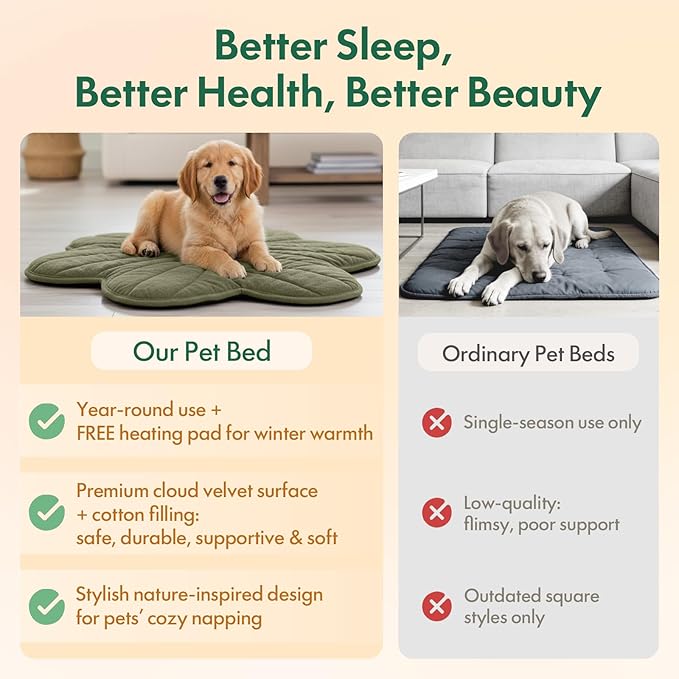 Vagascape Dog Bed, Waterproof Pet Bed with Washable Removable Cover, Comfort Cat Dog Pad for All Seasons, Heating Green Clover Shape Cat Mat with Nonskid Bottom(35"x27")