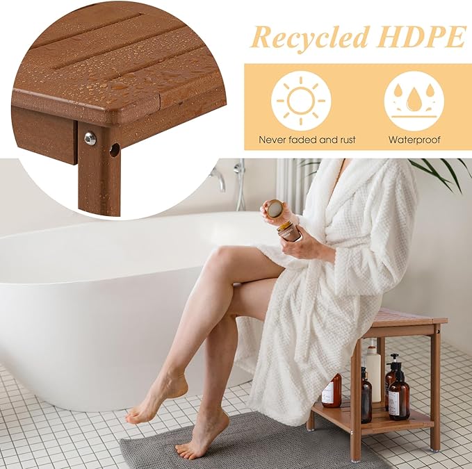 Apolimi HDPE Shower Bench, 2-Tier Spa Stool with Storage Shelf, Non-Slip & Water Resistant Shower Seat (Teak L Size)