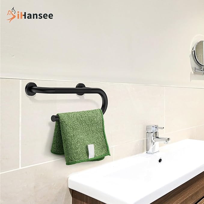 𝐔𝐩𝐠𝐫𝐚𝐝𝐞𝐝 Toilet Grab Bars 16 Inch - Toilet Paper Holder Grab Bar Stainless Steel Knurled Toilet Grab Bars for Seniors Bathtub Bathroom Rails for Elderly Bath Safety Balance Support, Black