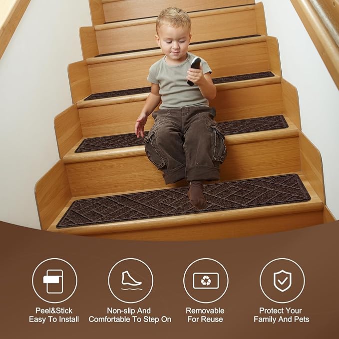 15 Pack 8 "X 30" Non-Slip Carpet Stair Treads for Indoor Wooden Steps, Made of Polyester and Reusable Adhesive, Suitable for Kids Elders and Pets（Brown Lines）
