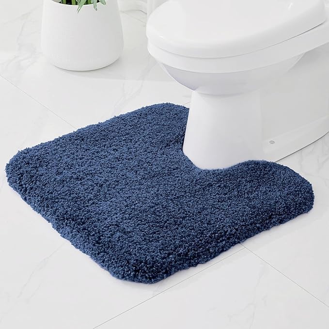 White Toilet Rugs U Shaped Washable, 24x22 Contour Bath Rugs for Toilet, Luxury Ultra Soft Microfiber U-Shaped Toilet Rug, Non Slip Absorbent Machine Washable Bathroom Mat for Toilet, Navy