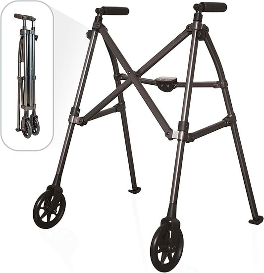 Stander Space Saver Walker, Lightweight Folding Rolling Mobility Aid for Seniors & Adults, Compact 2-Wheel Disability Device with 6-inch Wheels & Ski Glides for Walking Support, Black Walnut