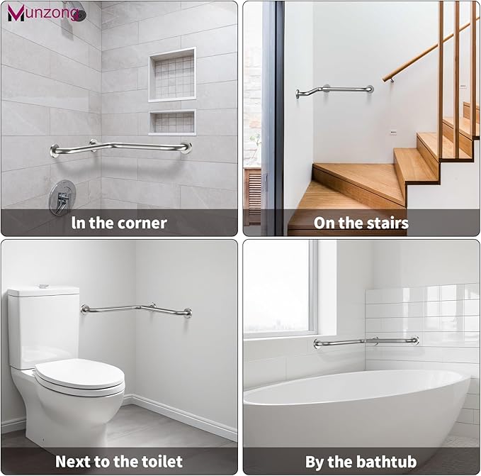 16 Inch Angled Shower Grab Bar, Munzong Anti Slip Satin Brushed Nickel Bathroom Grab Bar, L-Shaped Knurled Balance Bar, Safety Hand Rail Support Handicap Elderly Injury Senior Assist Bath Handle