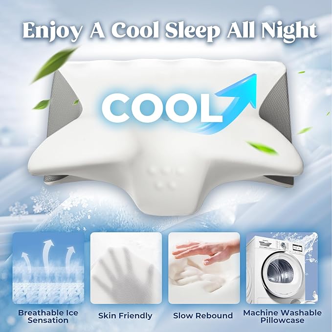 Cervical Pillow for Neck Pain Relief, Cooling Contour Memory Foam Pillows Support Odorless Ergonomic Neck Pillow Adjustable Orthopedic Bed Pillow for Side Back Stomach Sleeper with Pillowcase