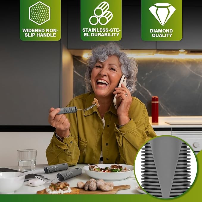 4-Piece Set Adaptive Utensils for Hand Tremors, Parkinson's, Arthritis - Weighted, Easy Grip, Extra Wide Handles - Knife, Fork, Spoon, Teaspoon - Grey