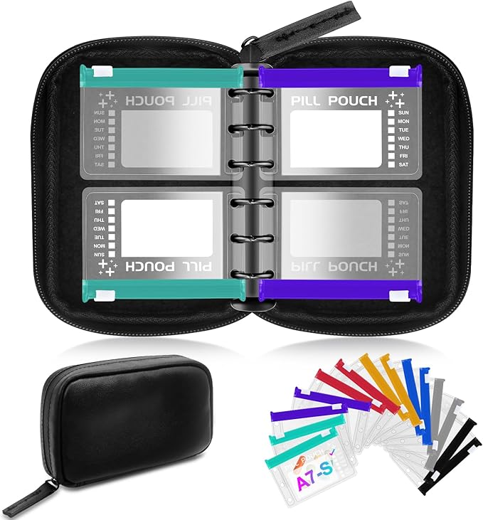 Timueetech A7 Waterproof Pill Organizer with 14 S Zippered Pill Pouches for A7 Binder, Small BPA-Free Weekly Medicine Organizer, Color-Coded Reusable Travel Pill Storage System