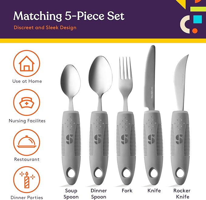 Special Supplies Adaptive Utensils (5-Piece Kitchen Set) Wide, Non-Weighted, Non-Slip Handles for Hand Tremors, Arthritis, Parkinson’s or Elderly Use (Grey)