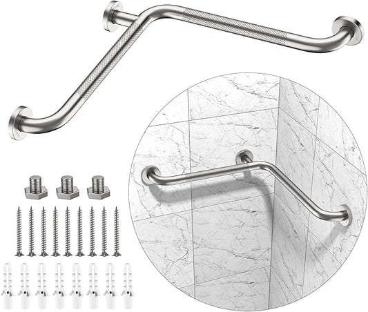 16 Inch Angled Shower Grab Bar, Munzong Anti Slip Satin Brushed Nickel Bathroom Grab Bar, L-Shaped Knurled Balance Bar, Safety Hand Rail Support Handicap Elderly Injury Senior Assist Bath Handle