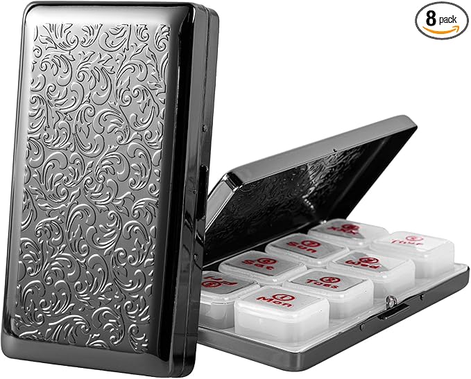 Portable 7-Day Metal Pill Case, Featuring 8 Compartments—Perfect for Travel. BPA-Free. (L-Black, Large)