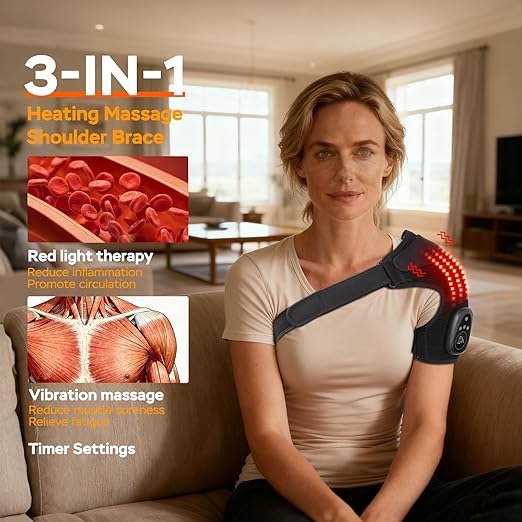 Red Light Heated Shoulder Wrap with Massage, Cordless Shoulder Heating Pad for Rotator Cuff Pain Relief, Rechargeable Shoulders Brace for Men Women, Left