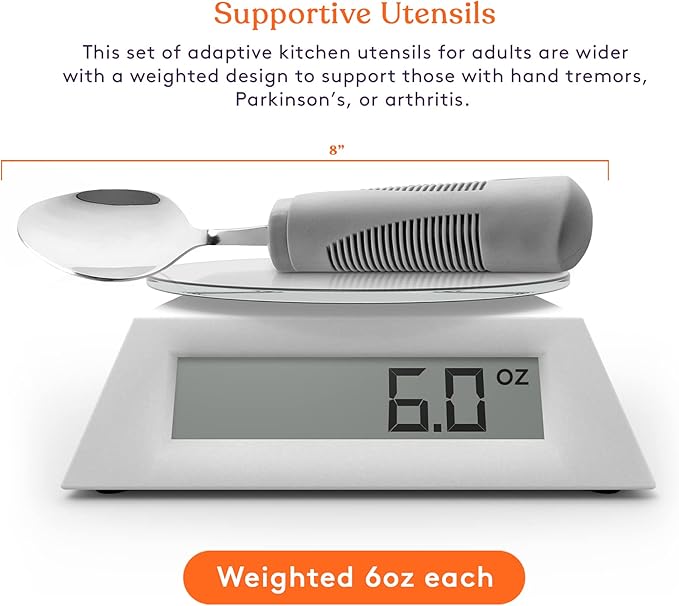 Special Supplies Adaptive Utensils (4-Piece Kitchen Set) Weighted, Non-Slip Handles for Hand Tremors, Arthritis, Parkinson’s Elderly use - Stainless Steel Knife, Fork, Spoons (Grey)