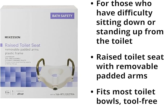 McKesson Raised Toilet Seat with Removable Padded Arms, Lightweight, Fits Most Standard Toilets, 300 lbs Weight Capacity, 1 Count