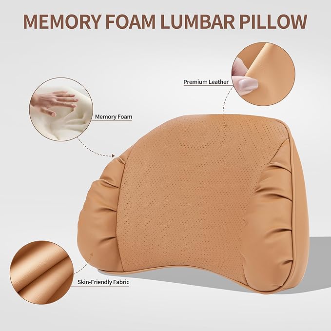 Lumbar Support Pillow for Car Seat, Memory Foam Leather Lumbar Pillow for Lower Back Pain Relief - Back Cushion for Driving - Chair Support for Office Chair, Palomino Brown, 1 Pack