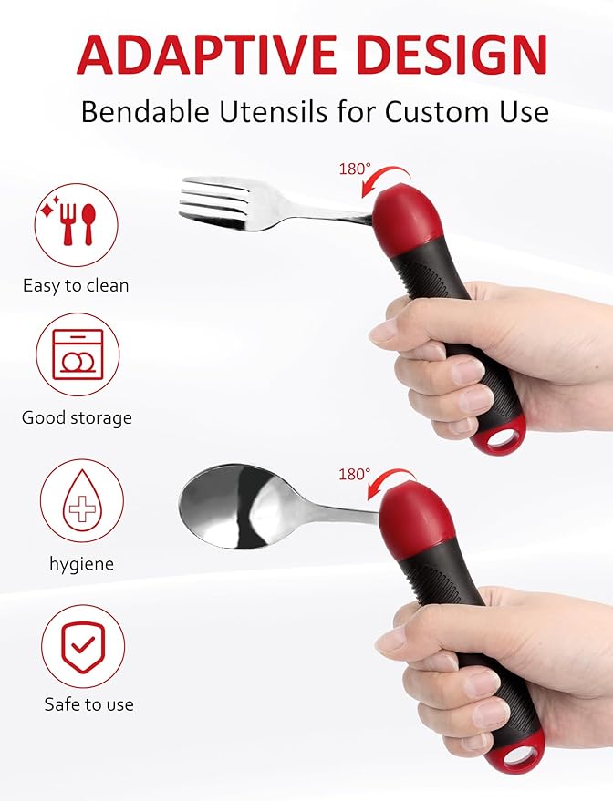 Adaptive Utensils, Weighted Special Supplies Spoon Fork Set, Weak Hand Grip & Handicapped & Parkinsons Aids for Living, Arthritis for Hand Tremors, Travel Eating Utensils for Disabled, Elderly, Adults