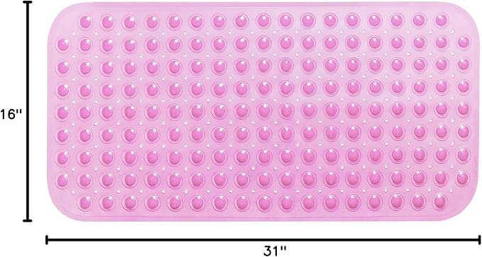 Large Non-Slip Bathtub & Shower Mat 31”x16” (Smooth/Non-Textured Tubs Only) Safe, Clean, Machine-Washable, Superior Grip&Drainage, Vinyl, Transparent Pink
