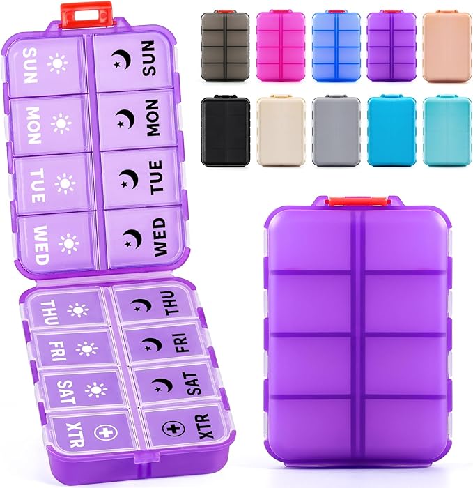 Foldable Weekly Pill Organizer 2 Times a Day with 2 Extra Compartments (Clear Printed Labels) - 7 Day AM PM Medicine Box, Week Daily Travel Pill Case Holder for Vitamin, Supplement - Clear Purple