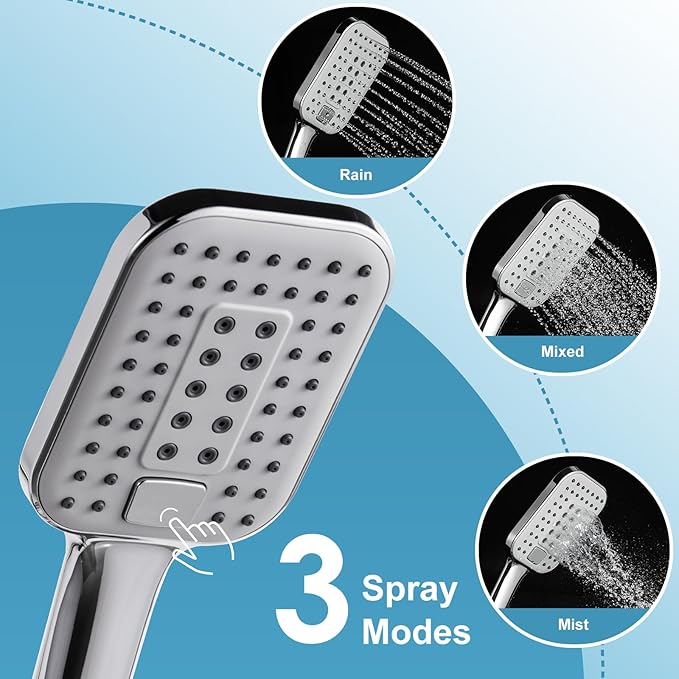 OFFO Shower Slide Bar Combo, Adjustable 27 in Slide Bar with 3-Mode Square Handheld Shower Head and 60 in Stainless Steel Hose, Screw Wall Mounted, Chrome Finish