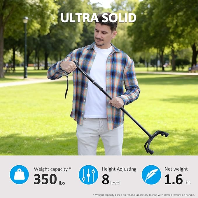 Rehand Quad Cane, Walking Cane with Ergonomic Handle Ever and Graceful 4-Pronged Base for Extra Stability, Adjustable Walking Sticks for Right or Left Handed Men & Women and Seniors