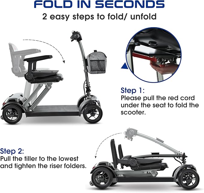 Mobility Mobility Scooter for Seniors and Adults, Lightweight Foldable 42 lbs Aluminum Frame, Airline-Approved 20Ah Lithium Battery, 265 lbs Capacity, Brushless Motor, LED Lights, USB Port