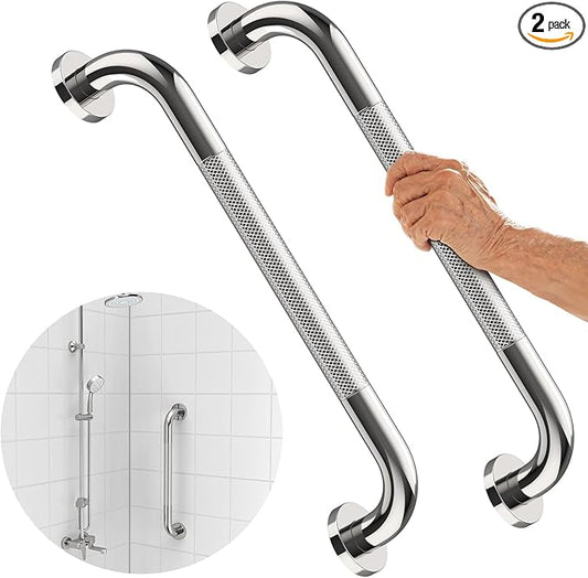 Anti-Slip Chrome Grab Bar 16 Inch, iMomwee 2 Pack Stainless Steel Bathroom Grab Bar w/Knurled Grip, Safety Shower Grab Bar for Wall, Toilet Balanced Support Bar Bathtub Assist Handle for Elderly