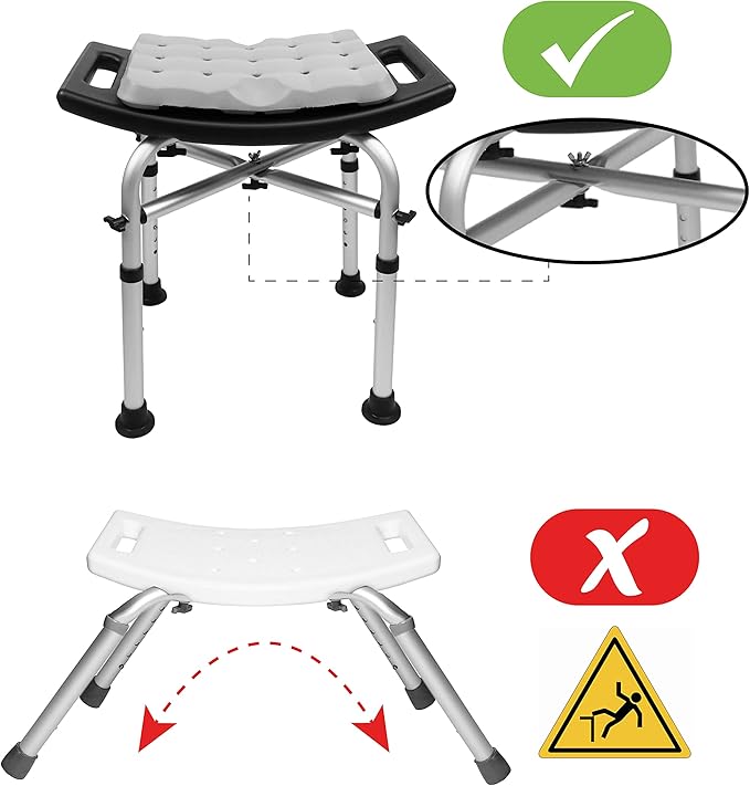 KMINA Shower Stool, Padded with Foam Cushion, Heavy Duty Double Reinforced Crossbar with 6 Height Adjustable, Tool Free, Anti-Slip, Made in Europe