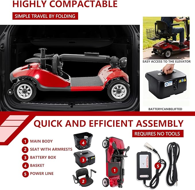 4 Wheel Compact Mobility Scooter for Seniors and Adults,Foldable Electric Scooter, Heavy Duty Travel Model with Lights, Basket, and Long-Lasting Battery208 red