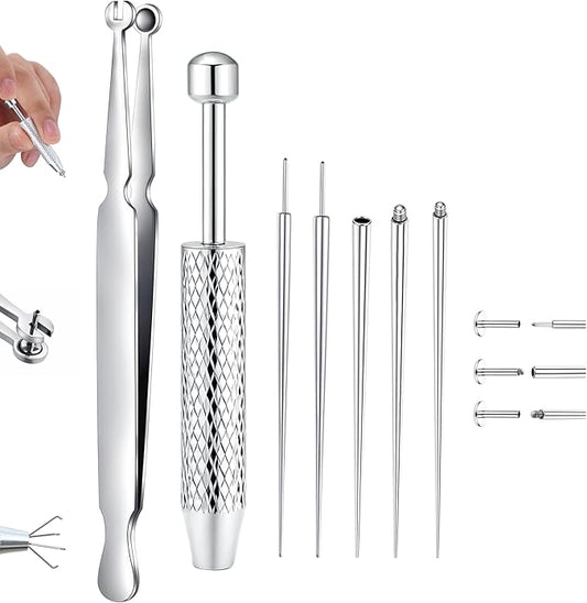 GEMQUEEN Piercing Taper Ball Grabber Tool for Changing Jewelry - 14G 16G 18G 20G Stainless Steel Flat Back Earrings Applicator Tool Threadless Insertion Pin Thread Body Piercing Kit for Ear Nose Lip