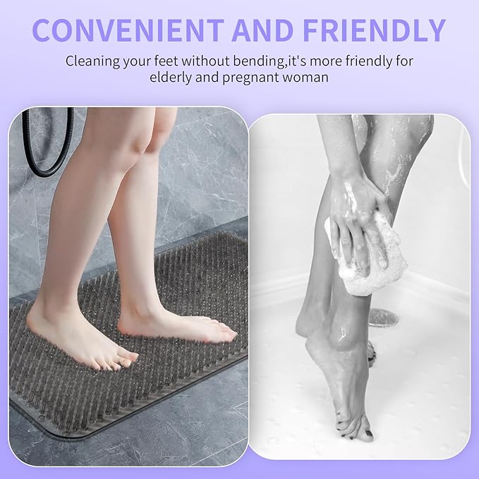 Yolife Shower Foot Scrubber Mat, Anti-Slip Bath Mat with Scrub Bristles, Soft Shower Foot Massager with Strong Suction Cups for Soothe Achy Feet, 25.6" x 13.4"
