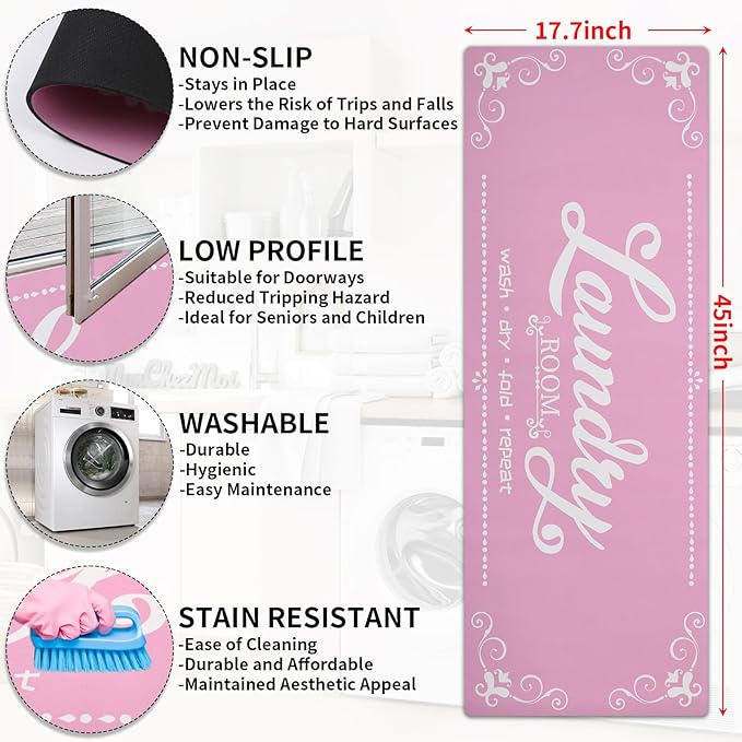 XLHOMO Laundry Room Rug Runner, 17.7"x45" Non Slip Light Pink Laundry Rugs, Farmhouse Washable Floor Laundry Mats for Laundry Room, Mudroom, Kitchen, Washroom, Bathroom, Entryway Area Rugs Decor