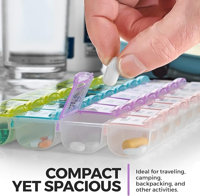 Pill Organizer - Large Pill Organizer with Weekly and Daily 4-Times-A-Day Compartments for Morning, Noon, Evening, Night - BPA-Free, Portable and Travel Friendly Pill Boxes Case