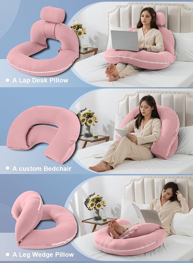INSEN Reading Pillow, Back Pillow for Sitting in Bed for Reading, Nurse & Relax, Reading Pillow for Adults, Moms & Kids, Sit Up Pillow for Bed, Pink