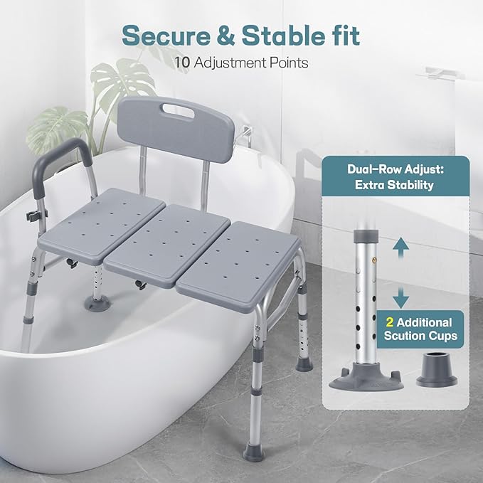 500lb Heavy Duty Shower Bench, Tool-Free Tub Transfer Bench with Arms & Back, Height Adjustable Handicap Shower Seat, Non-Slip Bath Safety Chair for Elderly & Surgery-Gray