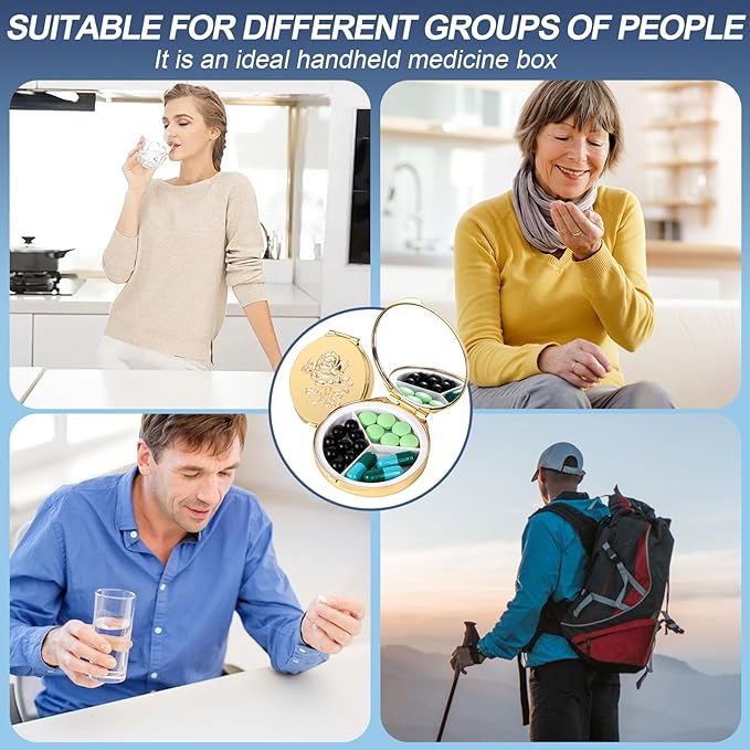 Portable Round Metal Pill Case with Mirror, Featuring 3 Compartments—Perfect for Travel. BPA-Free. (S-Gold, Small)