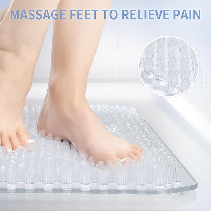 Yolife Shower Foot Scrubber Mat, Anti-Slip Bath Mat with Scrub Bristles, Soft Shower Foot Massager with Strong Suction Cups for Soothe Achy Feet, 25.6" x 13.4"