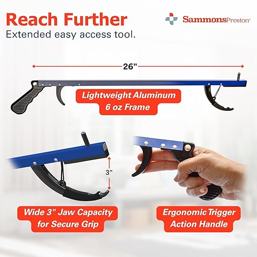 Sammons Preston Reacher, 26" Lightweight Grabber Reacher Tool with Magnetic Tip, Ergonomic Grip & Claw Jaw, Portable Reaching Aid for Seniors, Daily Living & Home Use, Standard Blue, 3 pack
