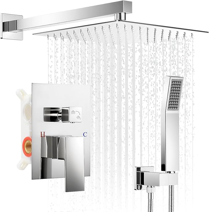 Chrome Shower Faucet Set, 10 inch Rain Shower System with Pressure Balance Valve, Wall Mounted 2-Functions Bathroom Shower Systems with Rain Shower and Handheld Spray Shower Trim Included