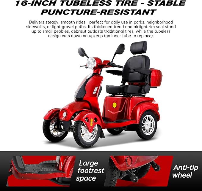 Heavy Duty 4 Wheel Mobility Scooters for Seniors & Adults 500lbs Capacity - Electric Powered Chair - 1000W All Terrain Fast Mobility Scooter for Travel w/Long Range Battery Remote Key