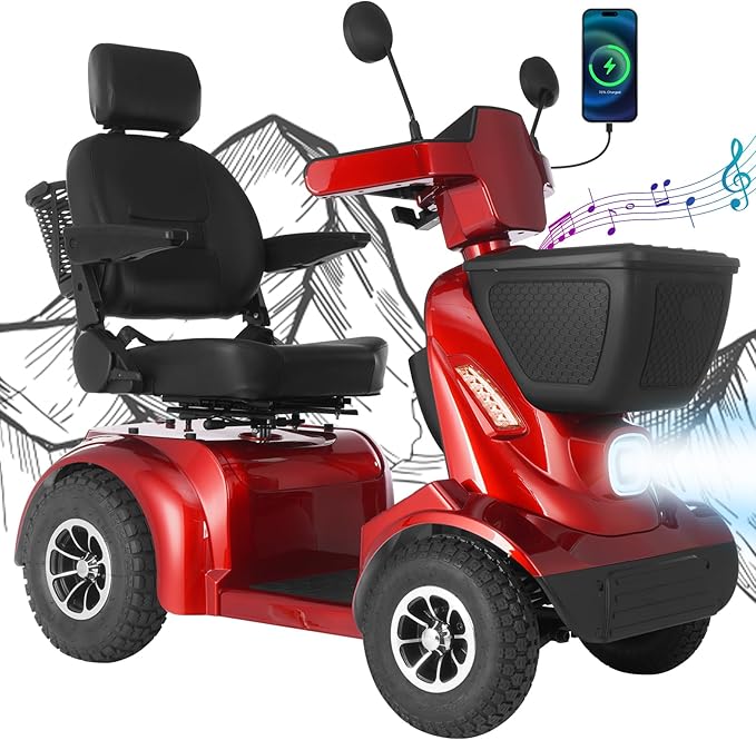 MS02 MAX All Terrain 1000W Electric Mobility Scooter for Adults& Seniors - 500LBS Load & 32 Miles Range Powerd Wheelchair Device w/Off-Road Absorber, Bluetooth Speaker, Dual Baskets, LED Light System