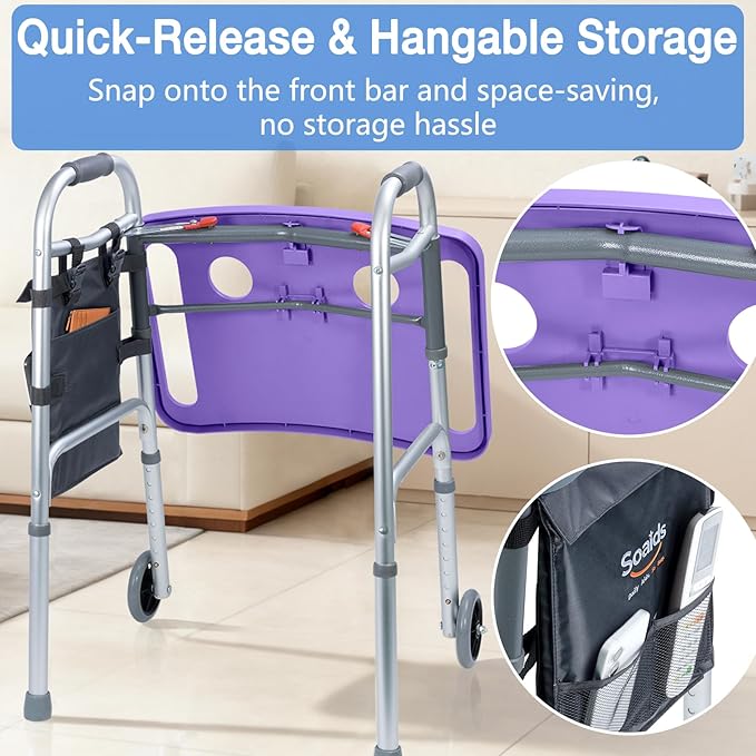 Walker Tray for Seniors with Dual Cup Holders, Side Pouch and Non-Slip Pad, Lightweight Durable Food & Drink Table, Compatible with Walker of 10210-1 Model (Purple)
