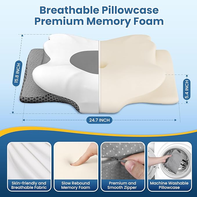 Cervical Neck Pillow for Sleeping – Memory Foam Bed Pillow for Neck Support, Orthopedic Contour for Side & Back Sleepers, Breathable & Cooling Cover, CertiPUR-US Certified, Grey, Queen Size