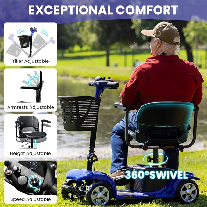 Arshin Mobility Scooter, Electric Foldable Mobility Scooter 300lbs Capacity with Detachable Battery, 15-Miles Powered Mobility Scooters for Seniors & Adults with USB Port, Charger Included (Blue)