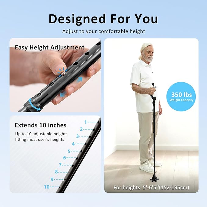 REHAND Adjustable Walking Cane for Seniors Adults - Ergonomic Anti-Slip Grip, 10 Height Settings (40"-49"), 350lbs Weight Capacity, Self-Standing Foldable Cane with Enhanced Anti Slip Base (Black)