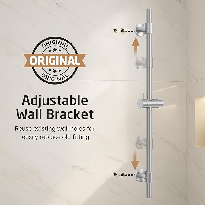 KES 30-Inch All-Metal Shower Slide Bar with Handheld Shower Head & Supply Elbow, Built-In Power Wash & Patented Auto-Reset, Adjustable Brackets Cover Existing Hole, 18/8 Stainless Steel, Brushed Steel