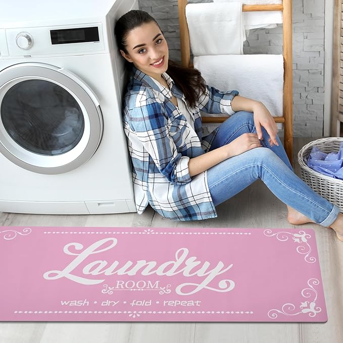 XLHOMO Laundry Room Rug Runner, 17.7"x45" Non Slip Light Pink Laundry Rugs, Farmhouse Washable Floor Laundry Mats for Laundry Room, Mudroom, Kitchen, Washroom, Bathroom, Entryway Area Rugs Decor