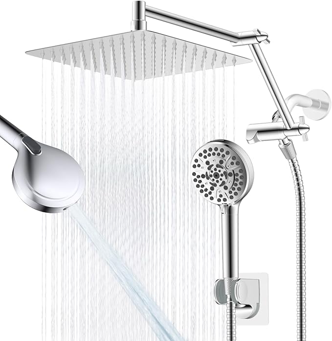 All Metal Rain Shower Head, 10” High Pressure Rainfall Shower Head with Handheld, 5" Large Handheld Showerhead Powerful Cleaning 10-Spray, 16" Shower Extension Arm Adjustable Height/Angle, Chrome