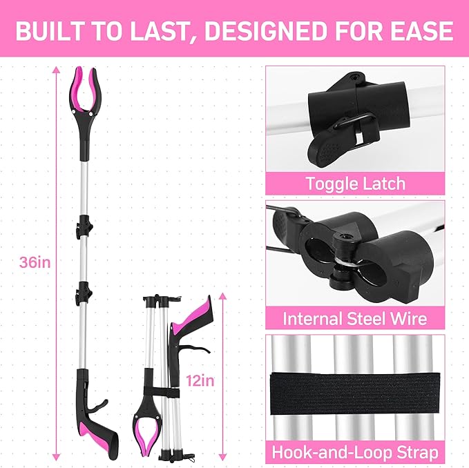 Grabber Reacher Tool for Seniors, 43" Foldable Reacher Grabbers Pickup Stick with Anti-Slip 360° Rotating Jaw, with Magnet for Disabled, After Surgery Recovery