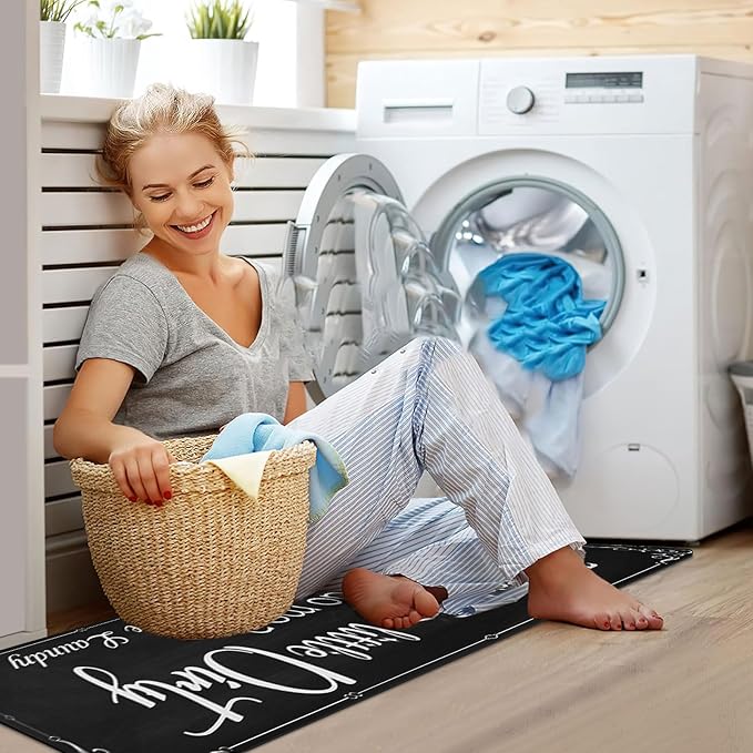 XLHOMO Laundry Room Rug Runner, 17"x60" Non Slip Nappa Leather Laundry Rugs, Black Farmhouse Washable Floor Laundry Mats for Laundry Room, Entryway, Kitchen, Bathroom, Mudroom, Washroom, Hallway Decor