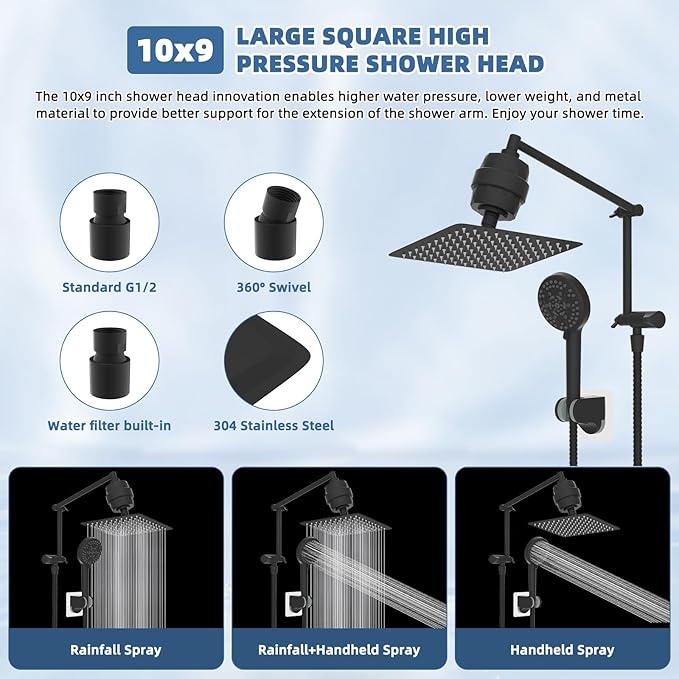Metal Rain Filtered Shower Head, 10” High Pressure Rainfall Shower Head with Handheld, 10 Modes Handheld Powerful Wash, 16" Adjustable Extension Arm, 20-Stage Shower Filters for Hard Water, MatteBlack