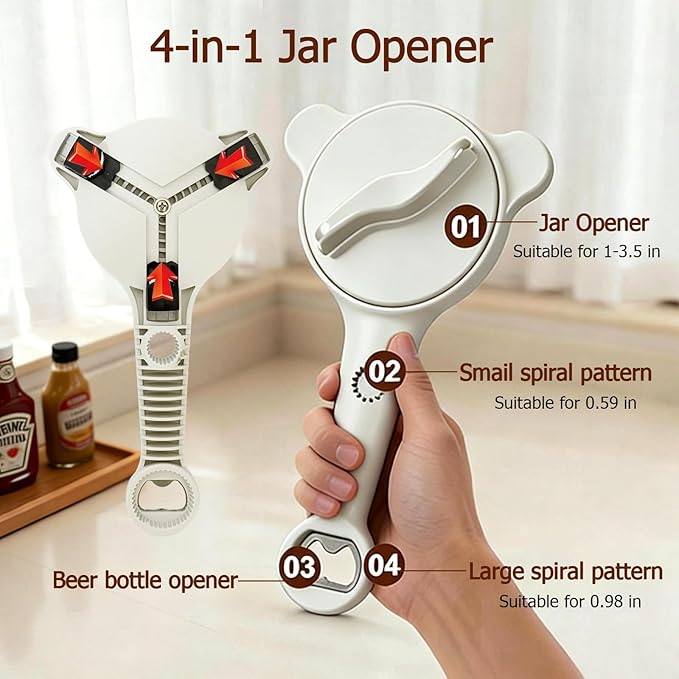 4-in-1 Jar Opener, Adjustable Jar Opener for Seniors, Kitchen Tool Designed Specifically for Seniors and Those with Limited Physical Strength, Suitable For Beer, Salad Dressing, Jar(White)