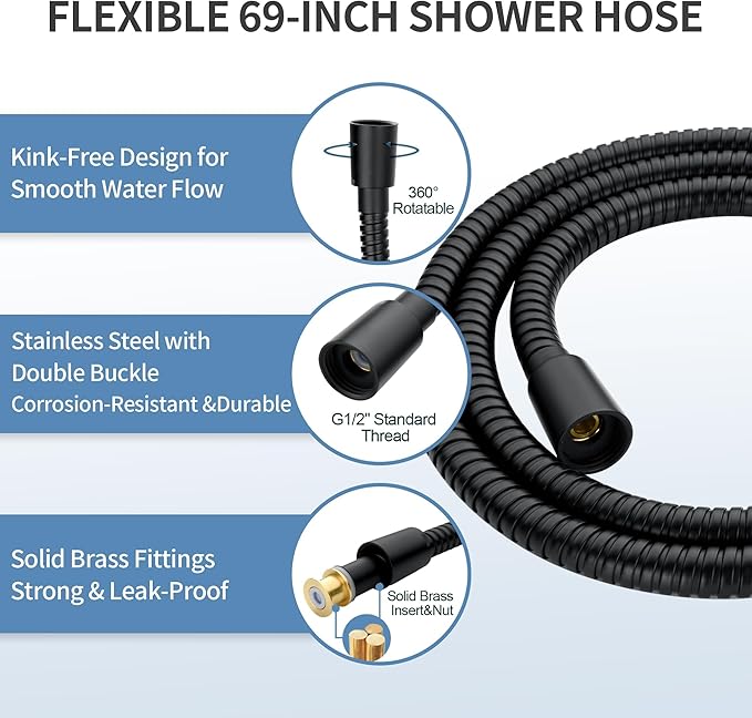 BRIGHT SHOWERS Stainless Steel Slide Bar Grab Rail Set Ada Compliant, 5-Spray Handshower with Slide Bar Kit – Includes Handheld Shower Head and 69-Inch Hose, Matte Black